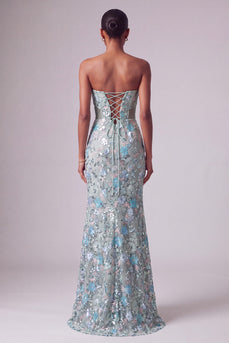 Sparkly Dusty Blue Sequin Strapless Mermaid Long Prom Dress with Bows