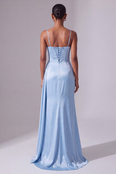Sparkly Light Blue Corset Mermaid Ruched Spaghetti Straps Long Prom Dress with Slit