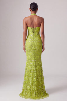 Sparkly Green Halter Mermaid Beaded Long Prom Dress with 3D Flower