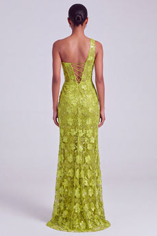 Sparkly Green Floral Sequin Cut Out One Shoulder Long Prom Dress with Slit