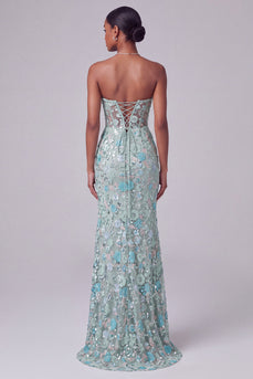 Sparkly Dusty Blue Sequin Mermaid Corset Long Prom Dress with Slit