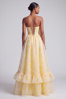 Yellow Corset Ruffled Sweetheart A-Line Long Prom Dress with Dragonfly
