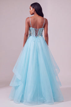 Light Blue Ruffled Ball Gown Corset Long Prom Dress with 3D Butterflies