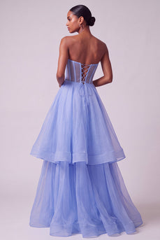 A-Line Strapless Blue Corset Tiered Long Prom Dress with Pearls