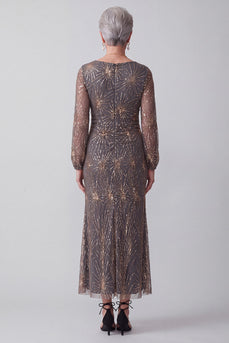 Steel Grey Sheath Sparkly Sequin Ruched Midi Mother of the Bride Dress with Sleeves