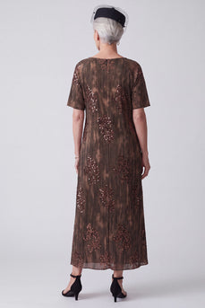 Sparkly Sequin Coffee Pleated A Line Long Mother of the Bride Dress with Sleeves