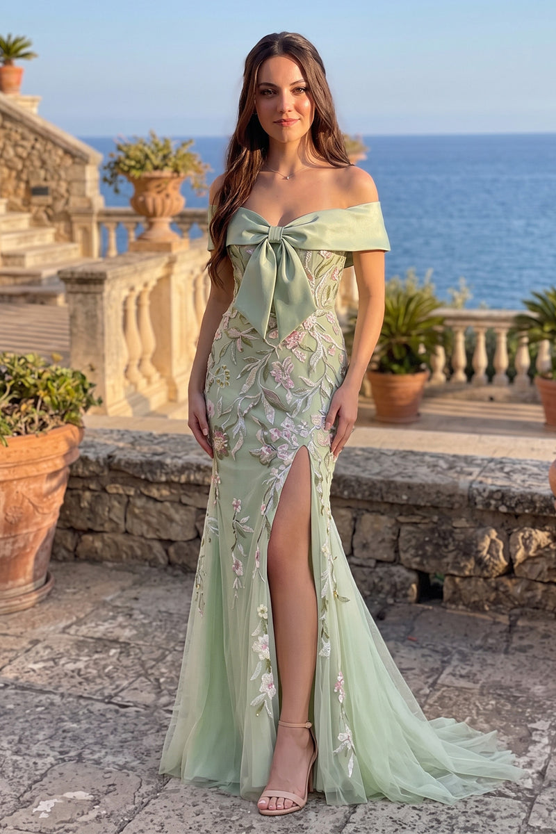 Load image into Gallery viewer, Floral Dusty Sage Mermaid Off the Shoulder Long Prom Dress with Bow