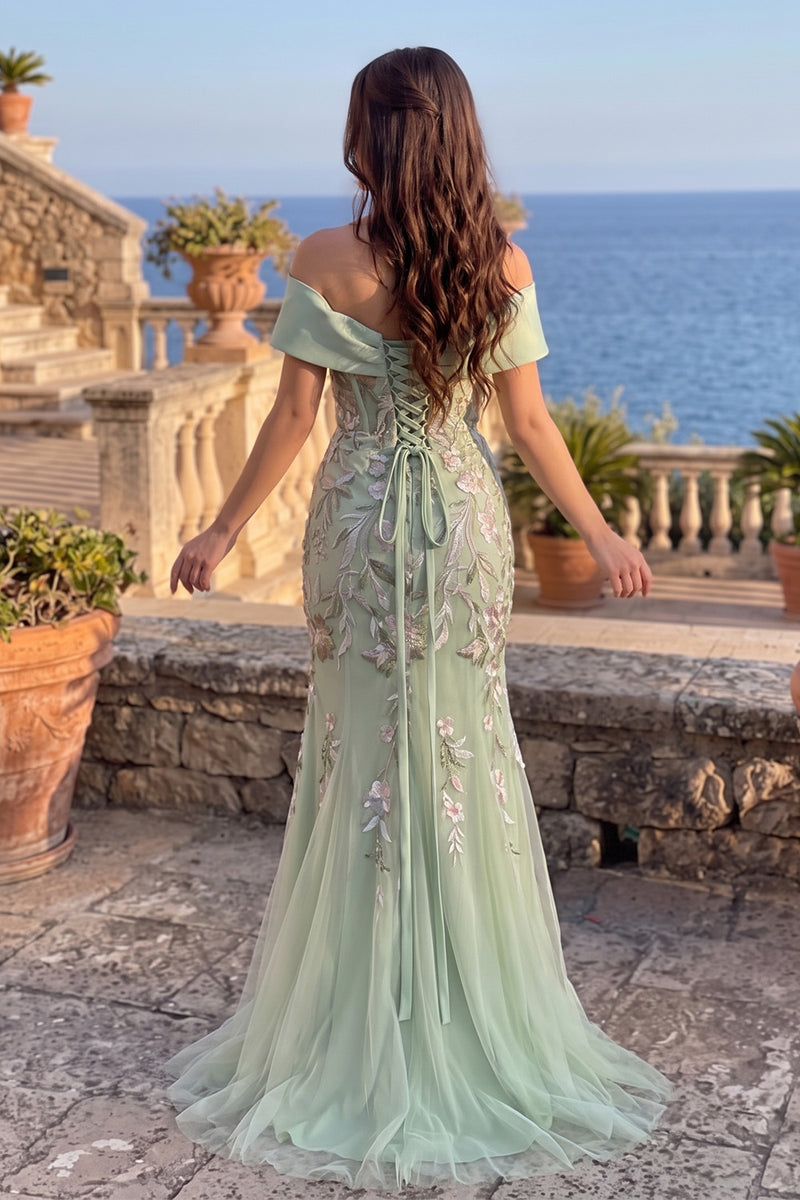 Load image into Gallery viewer, Floral Dusty Sage Mermaid Off the Shoulder Long Prom Dress with Bow