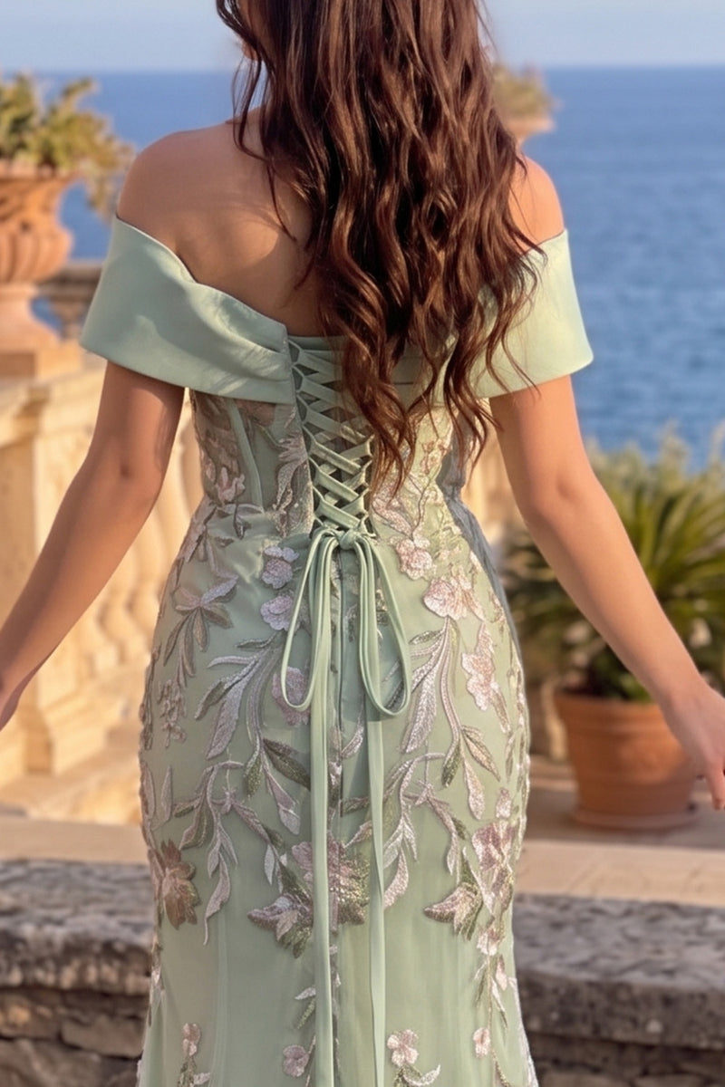 Load image into Gallery viewer, Floral Dusty Sage Mermaid Off the Shoulder Long Prom Dress with Bow