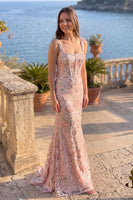 Load image into Gallery viewer, Floral Dusty Rose Mermaid Sparkly Sequin Corset Long Prom Dress with Pearls