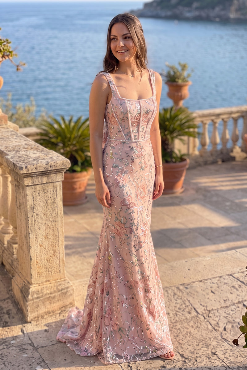 Load image into Gallery viewer, Floral Dusty Rose Mermaid Sparkly Sequin Corset Long Prom Dress with Pearls
