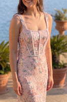 Load image into Gallery viewer, Floral Dusty Rose Mermaid Sparkly Sequin Corset Long Prom Dress with Pearls