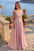 Load image into Gallery viewer, Sparkly Dusty Rose A Line Floral Corset Long Prom Dress with Bow