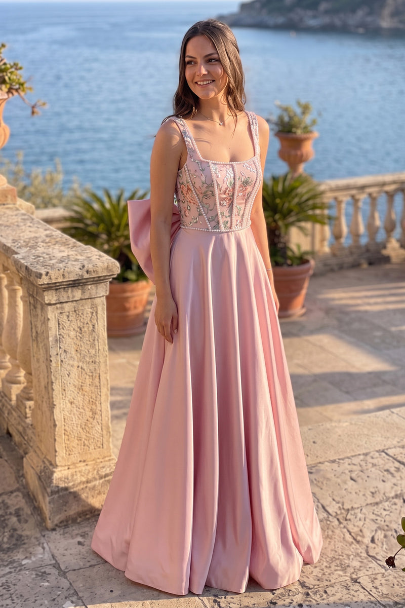 Load image into Gallery viewer, Sparkly Dusty Rose A Line Floral Corset Long Prom Dress with Bow