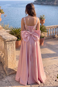 Sparkly Dusty Rose A Line Floral Corset Long Prom Dress with Bow
