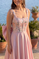 Load image into Gallery viewer, Sparkly Dusty Rose A Line Floral Corset Long Prom Dress with Bow