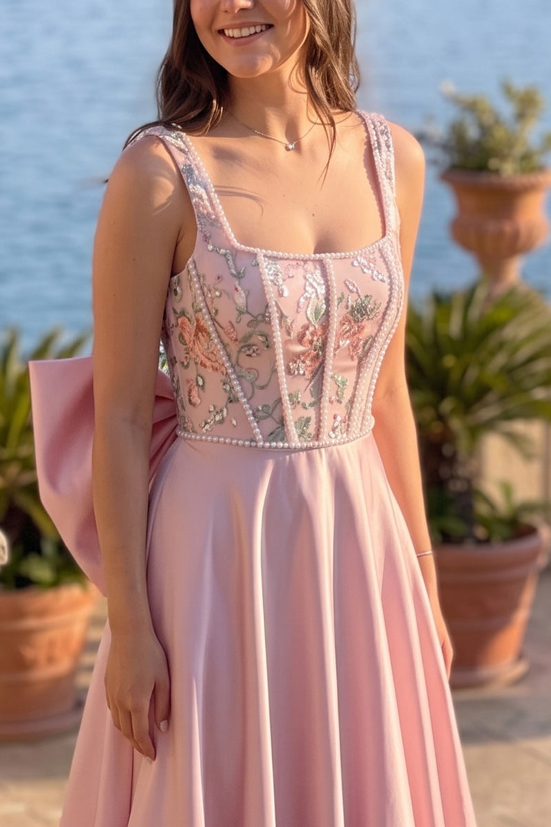 Load image into Gallery viewer, Sparkly Dusty Rose A Line Floral Corset Long Prom Dress with Bow
