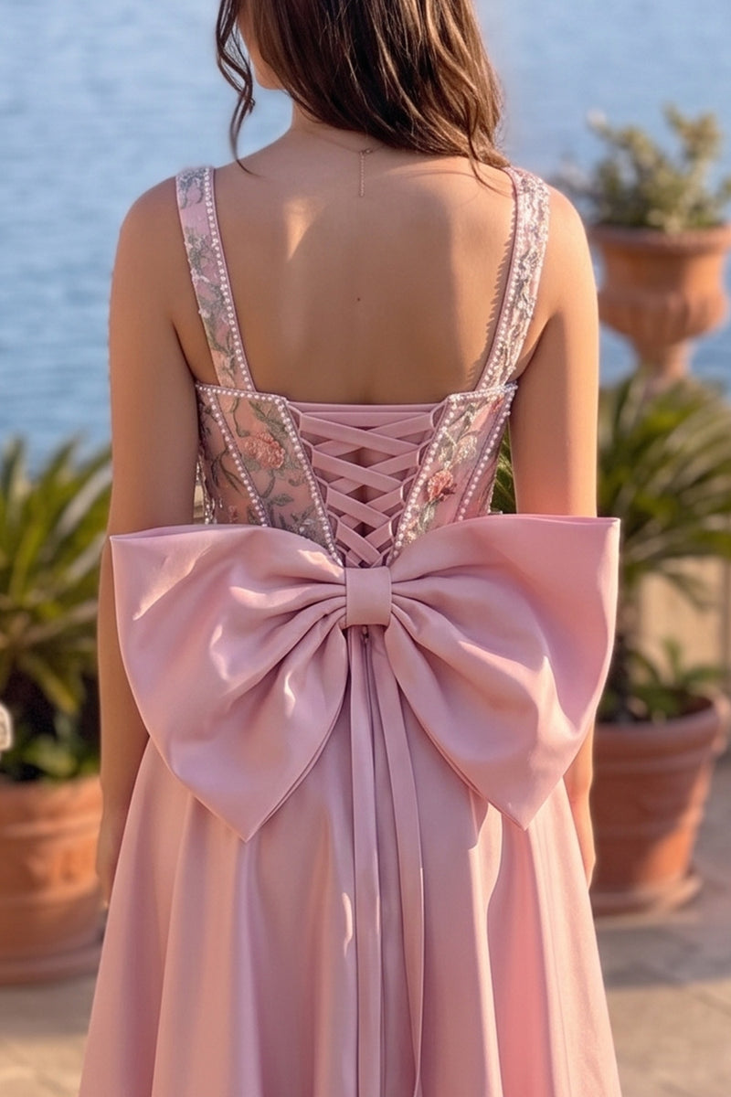 Load image into Gallery viewer, Sparkly Dusty Rose A Line Floral Corset Long Prom Dress with Bow