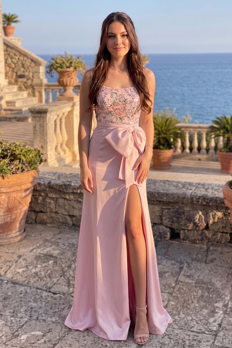 Load image into Gallery viewer, Floral Dusty Rose Sheath Sparkly Sequin Strapless Long Prom Dress with Bow