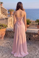 Load image into Gallery viewer, Floral Dusty Rose Sheath Sparkly Sequin Strapless Long Prom Dress with Bow