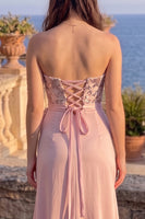 Load image into Gallery viewer, Floral Dusty Rose Sheath Sparkly Sequin Strapless Long Prom Dress with Bow