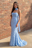 Load image into Gallery viewer, Mermaid Blue Strapless Ruched Long Prom Dress with 3D Flowers