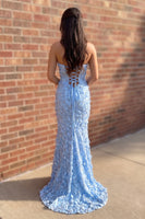 Load image into Gallery viewer, Mermaid Blue Strapless Ruched Long Prom Dress with 3D Flowers