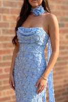 Load image into Gallery viewer, Mermaid Blue Strapless Ruched Long Prom Dress with 3D Flowers