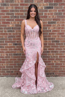 Load image into Gallery viewer, Sparkly Sequin Pink Mermaid Floral Ruffled Corset Long Prom Dress with Slit