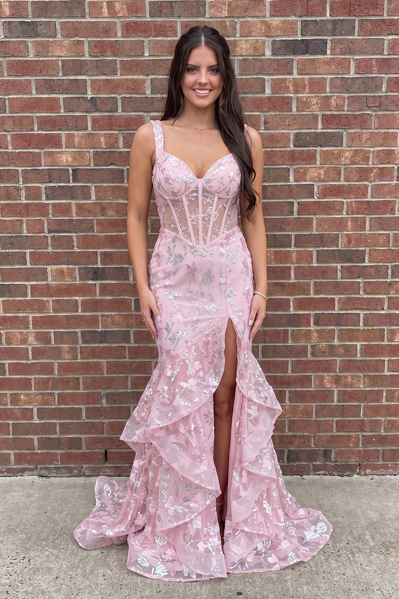 Load image into Gallery viewer, Sparkly Sequin Pink Mermaid Floral Ruffled Corset Long Prom Dress with Slit