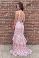 Load image into Gallery viewer, Sparkly Sequin Pink Mermaid Floral Ruffled Corset Long Prom Dress with Slit