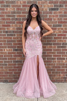 Load image into Gallery viewer, Pink Mermaid Floral Sparkly Sequin Corset Long Prom Dress with Slit