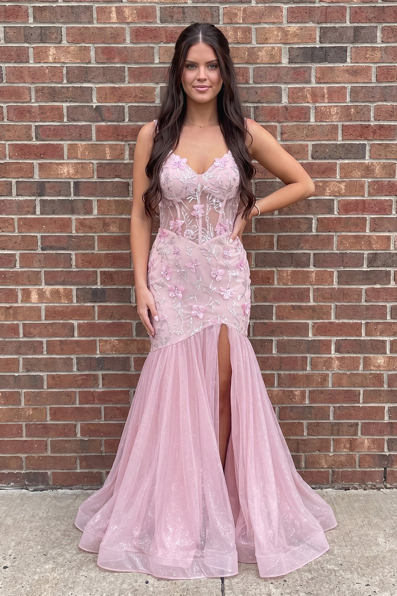 Load image into Gallery viewer, Pink Mermaid Floral Sparkly Sequin Corset Long Prom Dress with Slit