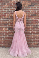 Load image into Gallery viewer, Pink Mermaid Floral Sparkly Sequin Corset Long Prom Dress with Slit