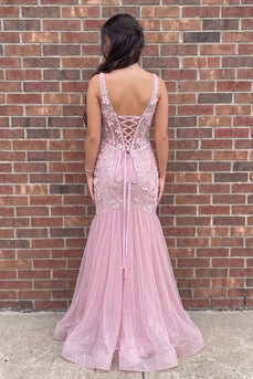 Pink Mermaid Floral Sparkly Sequin Corset Long Prom Dress with Slit