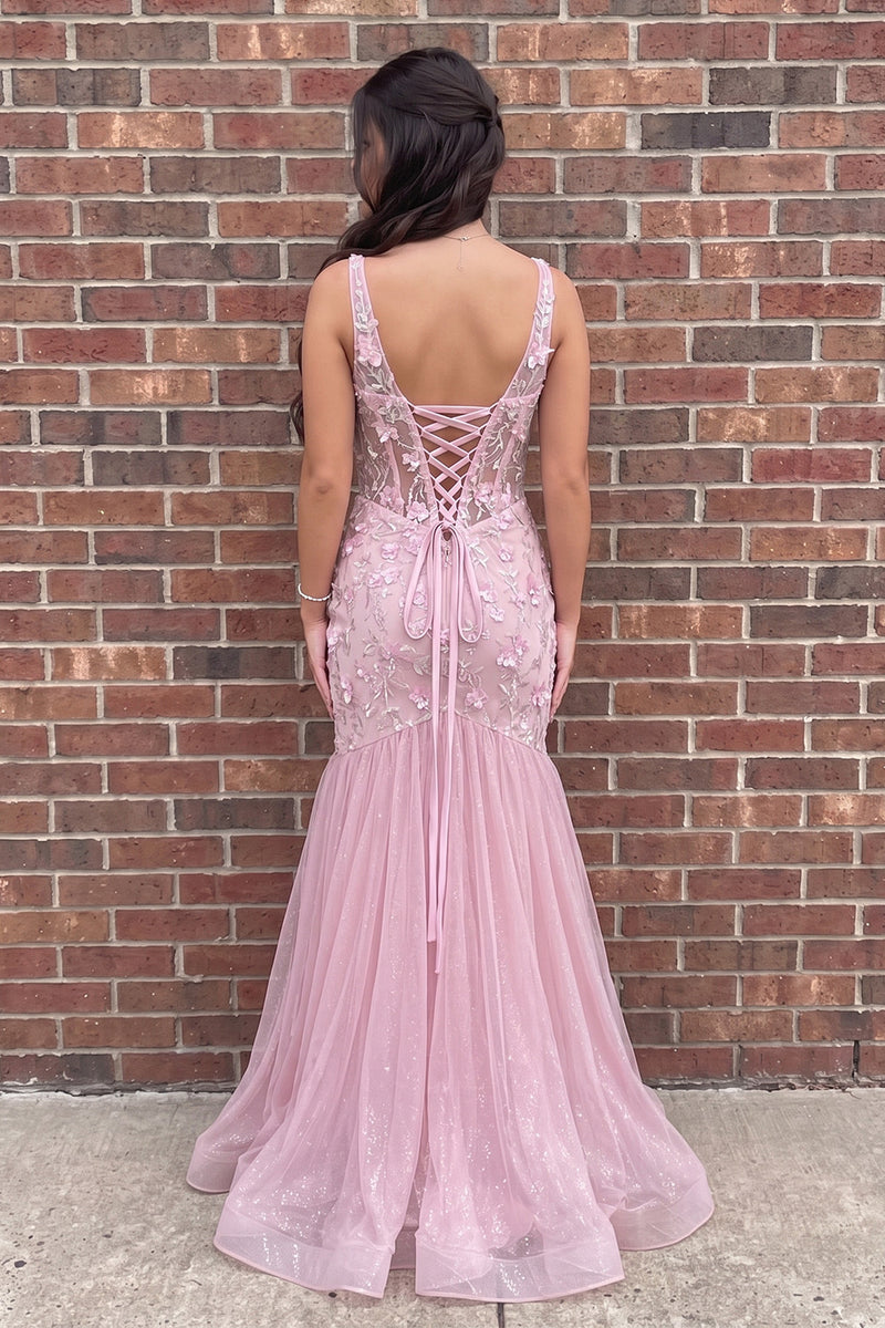 Load image into Gallery viewer, Pink Mermaid Floral Sparkly Sequin Corset Long Prom Dress with Slit
