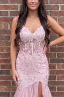 Load image into Gallery viewer, Pink Mermaid Floral Sparkly Sequin Corset Long Prom Dress with Slit