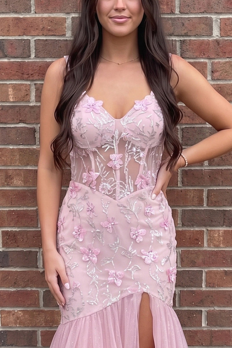 Load image into Gallery viewer, Pink Mermaid Floral Sparkly Sequin Corset Long Prom Dress with Slit