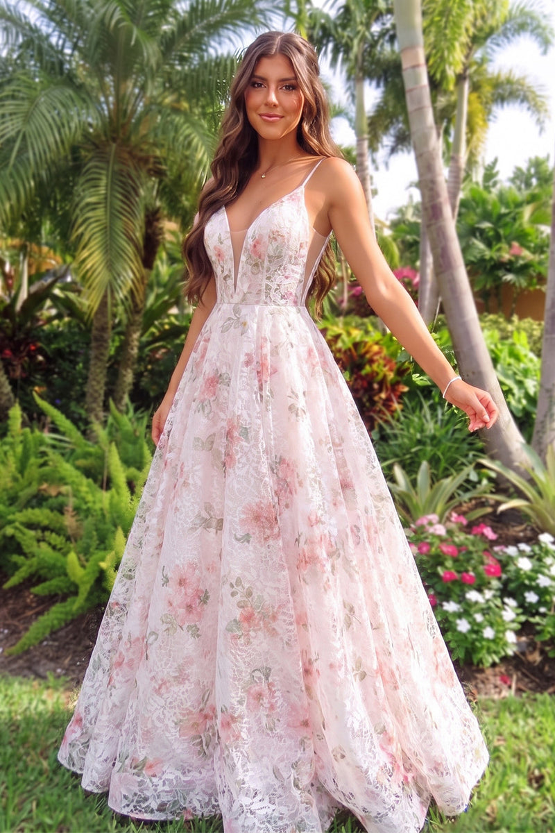 Load image into Gallery viewer, Floral Blushing Pink A Line Spaghetti Straps Long Prom Dress