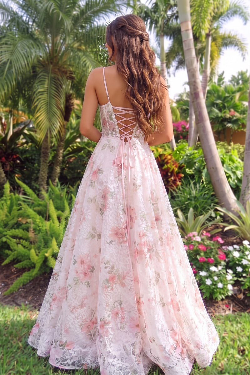Load image into Gallery viewer, Floral Blushing Pink A Line Spaghetti Straps Long Prom Dress