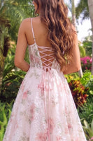 Load image into Gallery viewer, Floral Blushing Pink A Line Spaghetti Straps Long Prom Dress