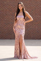 Load image into Gallery viewer, Sparkly Sequin Champagne Rose Floral Sheath Strapless Long Prom Dress with Slit