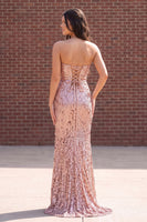 Load image into Gallery viewer, Sparkly Sequin Champagne Rose Floral Sheath Strapless Long Prom Dress with Slit