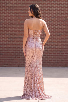 Sparkly Sequin Champagne Rose Floral Sheath Strapless Long Prom Dress with Slit