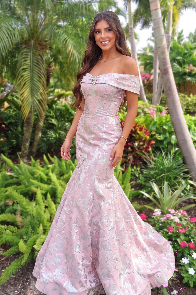 Load image into Gallery viewer, Mermaid Blushing Pink Floral Jacquard Ruched Off the Shoulder Long Prom Dress