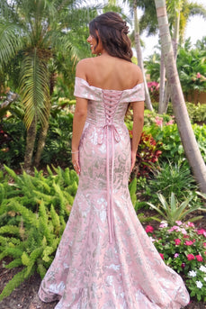 Mermaid Blushing Pink Floral Jacquard Ruched Off the Shoulder Long Prom Dress