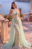 Load image into Gallery viewer, Sparkly Dusty Sage Mermaid Floral Sequin Halter Cut Out Long Prom Dress with Cape