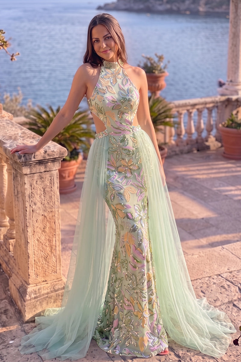 Load image into Gallery viewer, Sparkly Dusty Sage Mermaid Floral Sequin Halter Cut Out Long Prom Dress with Cape