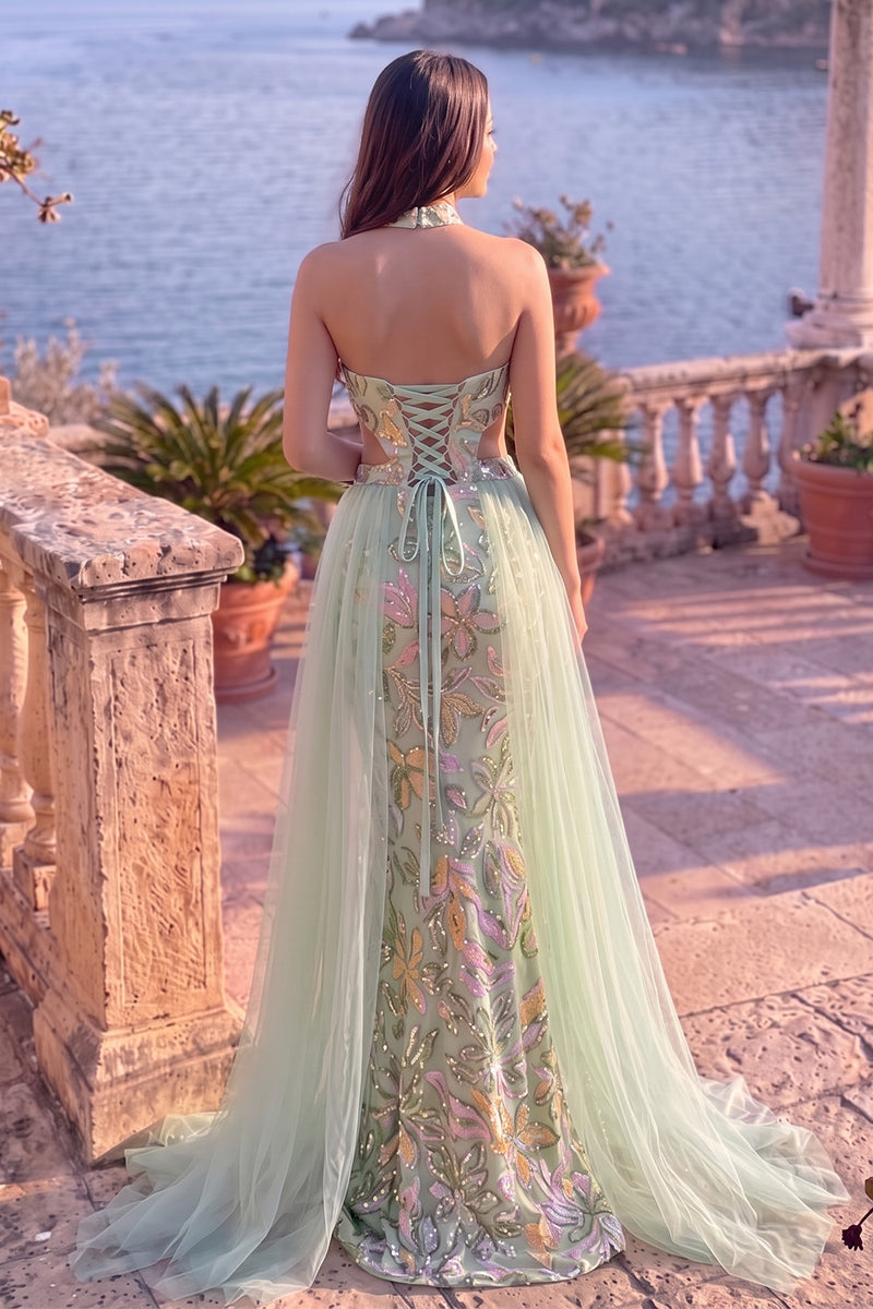 Load image into Gallery viewer, Sparkly Dusty Sage Mermaid Floral Sequin Halter Cut Out Long Prom Dress with Cape