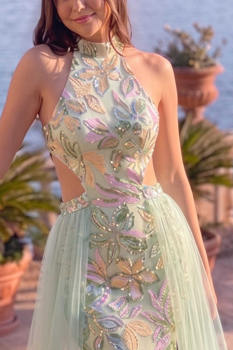 Load image into Gallery viewer, Sparkly Dusty Sage Mermaid Floral Sequin Halter Cut Out Long Prom Dress with Cape
